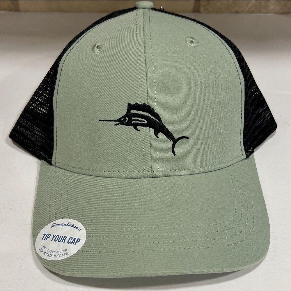 New TOMMY BAHAMA "Tip Your Cap" Marlin Dad Trucker Hat Green Black Snapback Mens